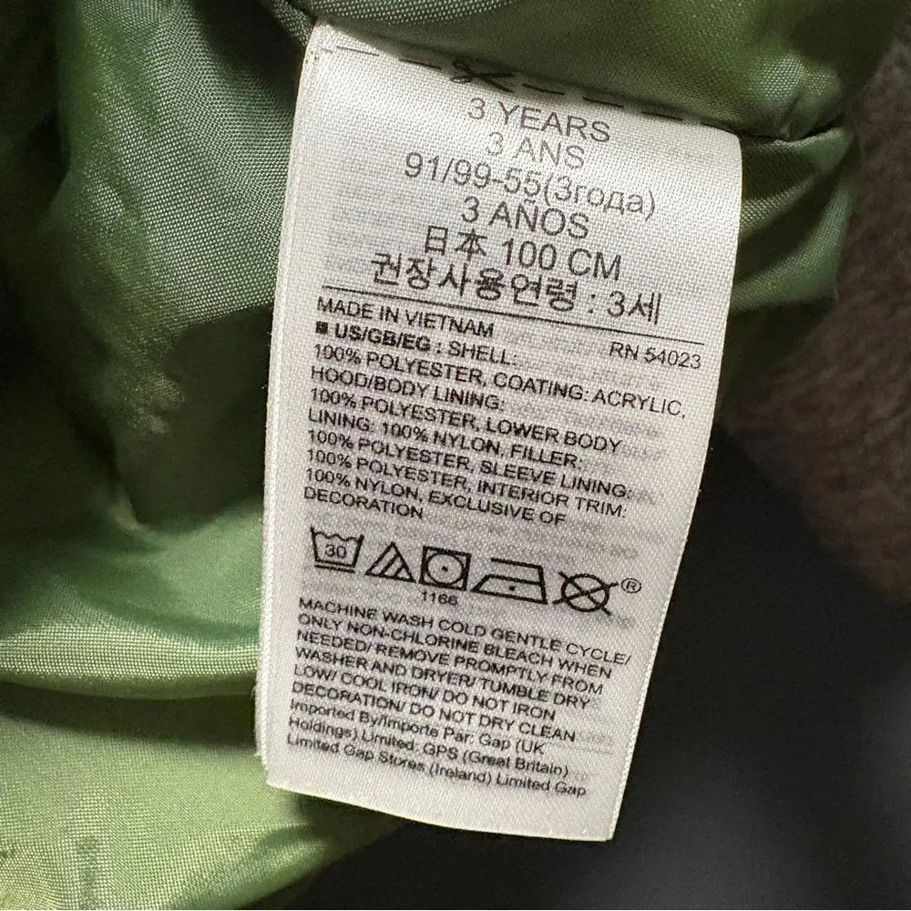 Baby GAP 3 Toddlers Kids Gray Green Full Zip Hooded Puffer Jacket